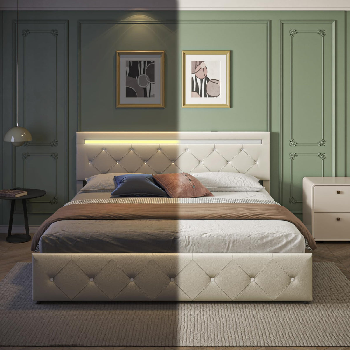 Full Size Bed Frame with LED Light and Storage Drawers Y473