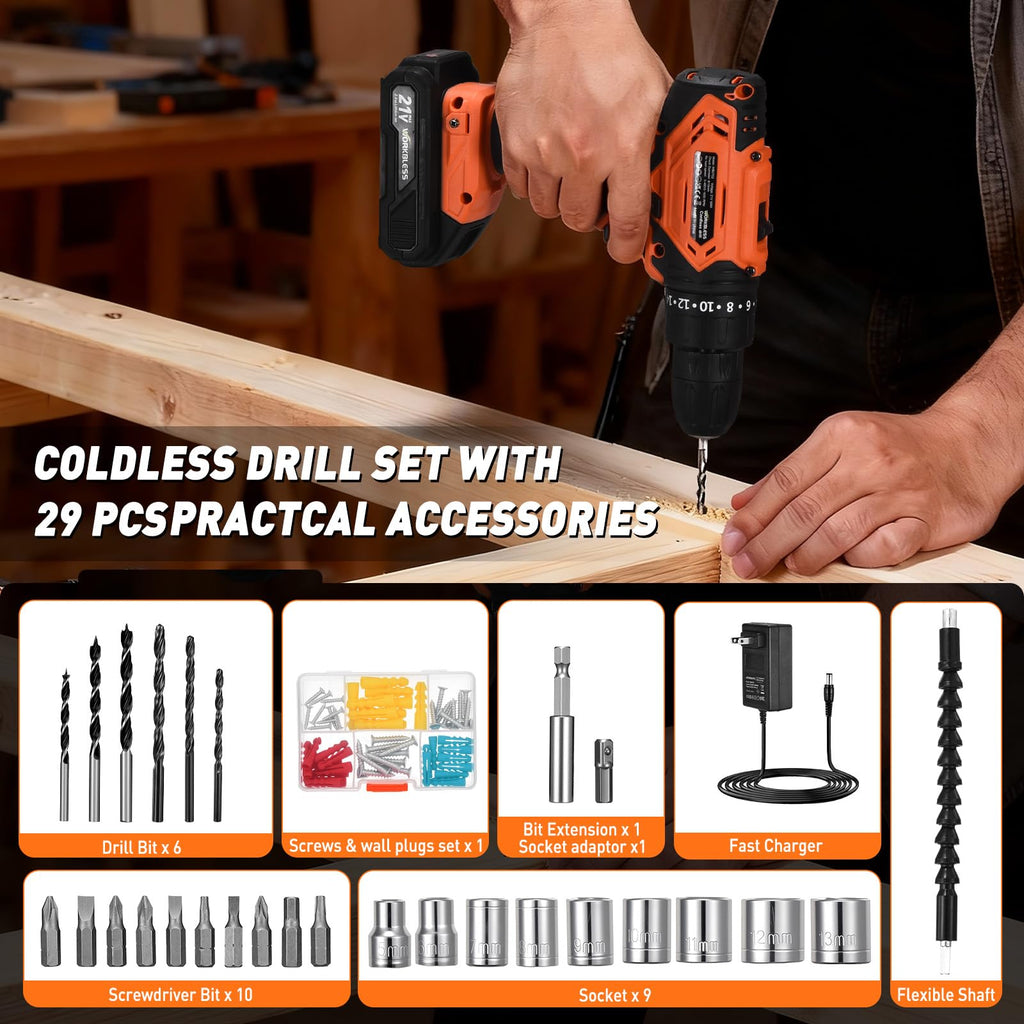 Cordless Drill, 20+1 Torque, 2 Speed, 3/8" Electric Screwdriver with 28pcs Drill Bits Set V572779