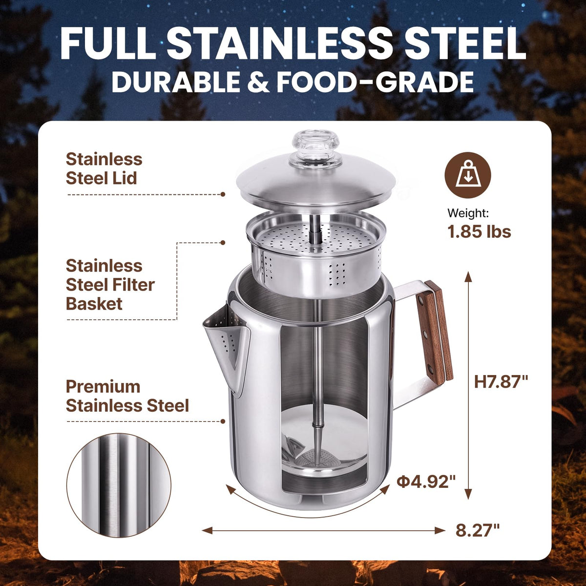 9 Cup Stainless Steel Coffee Pot with Wood Handle V226985