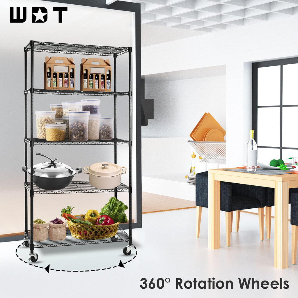 5-Shelf Adjustable Heavy Duty Metal Shelving Unit with Wheels, Black D887