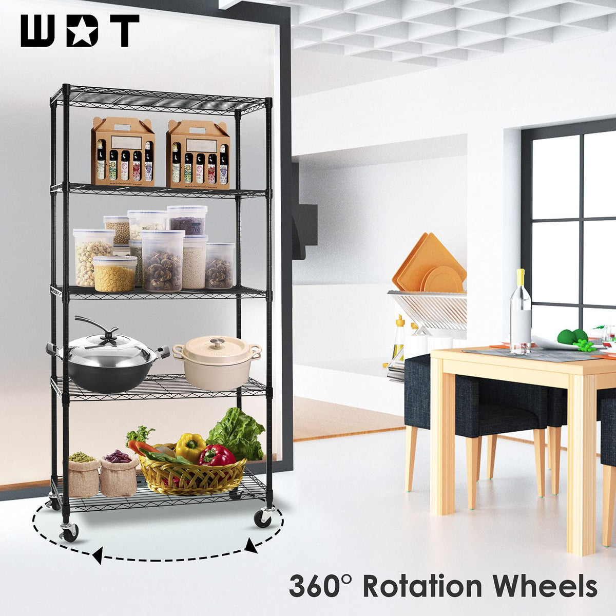 5-Shelf Adjustable Heavy Duty Metal Shelving Unit with Wheels, Black D887