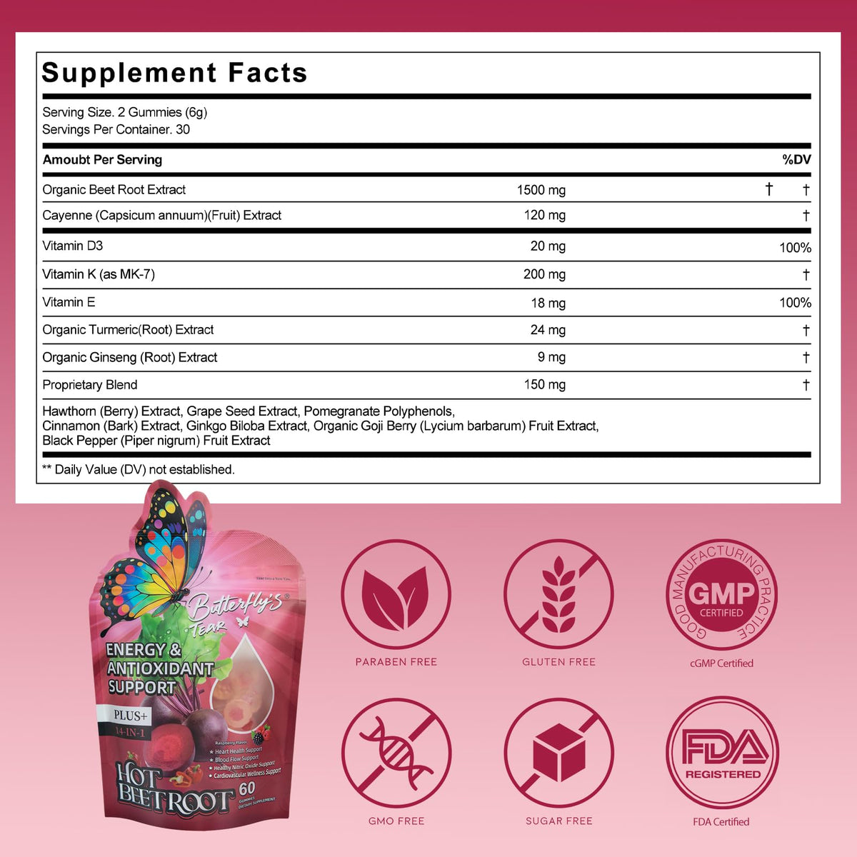 Beet Root Gummies with Vitamin D3, K2, E, Grape Seed & Hawthorn, Sugar Free, 60 Count (Pack of 3) I4129