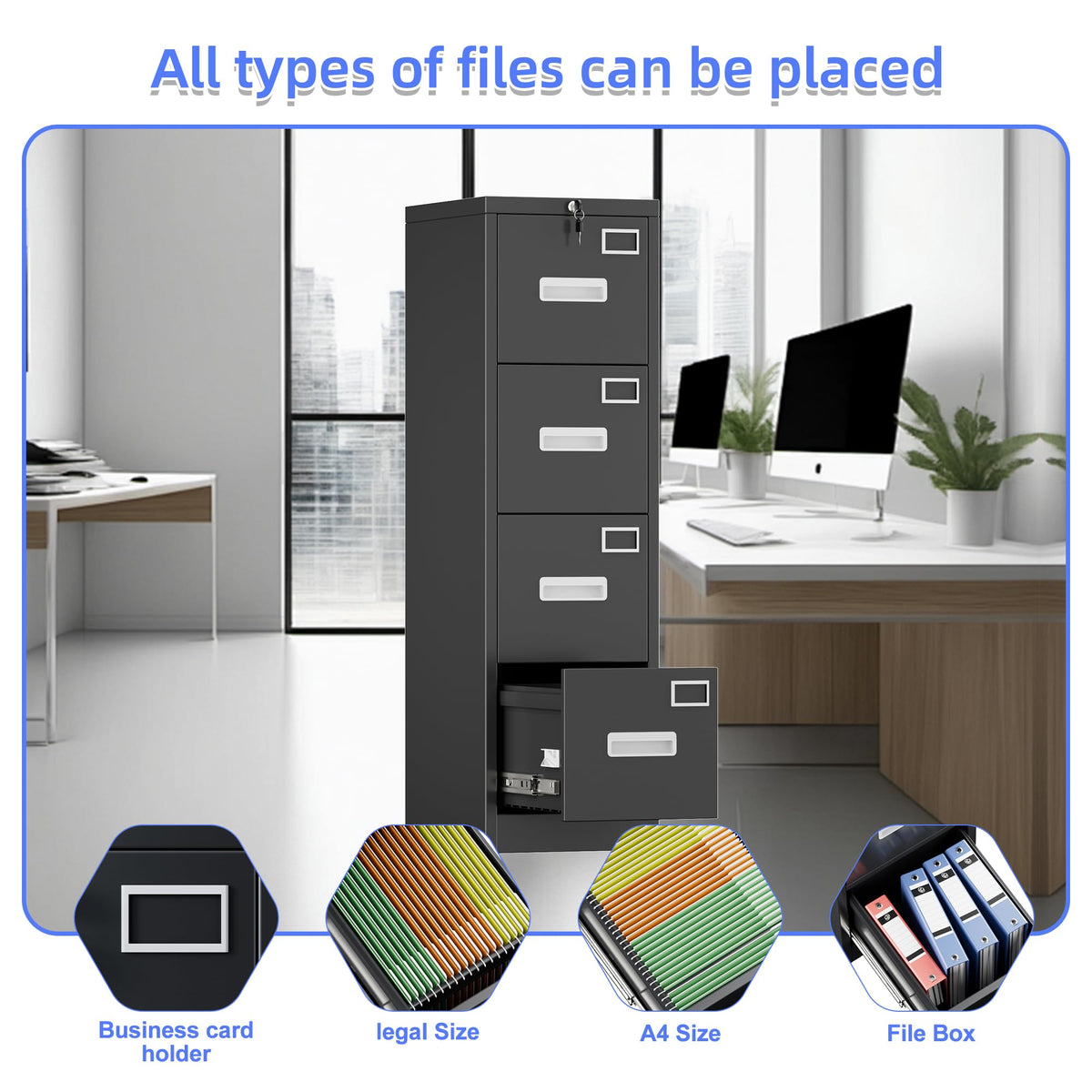 Black 4-Drawer Metal File Cabinet with Lock G116