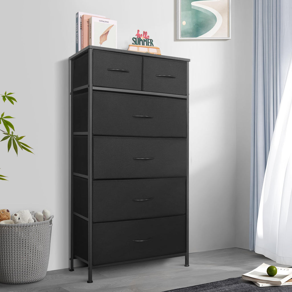 Black 7 Drawer Tall Dresser with Fabric Bins A55757
