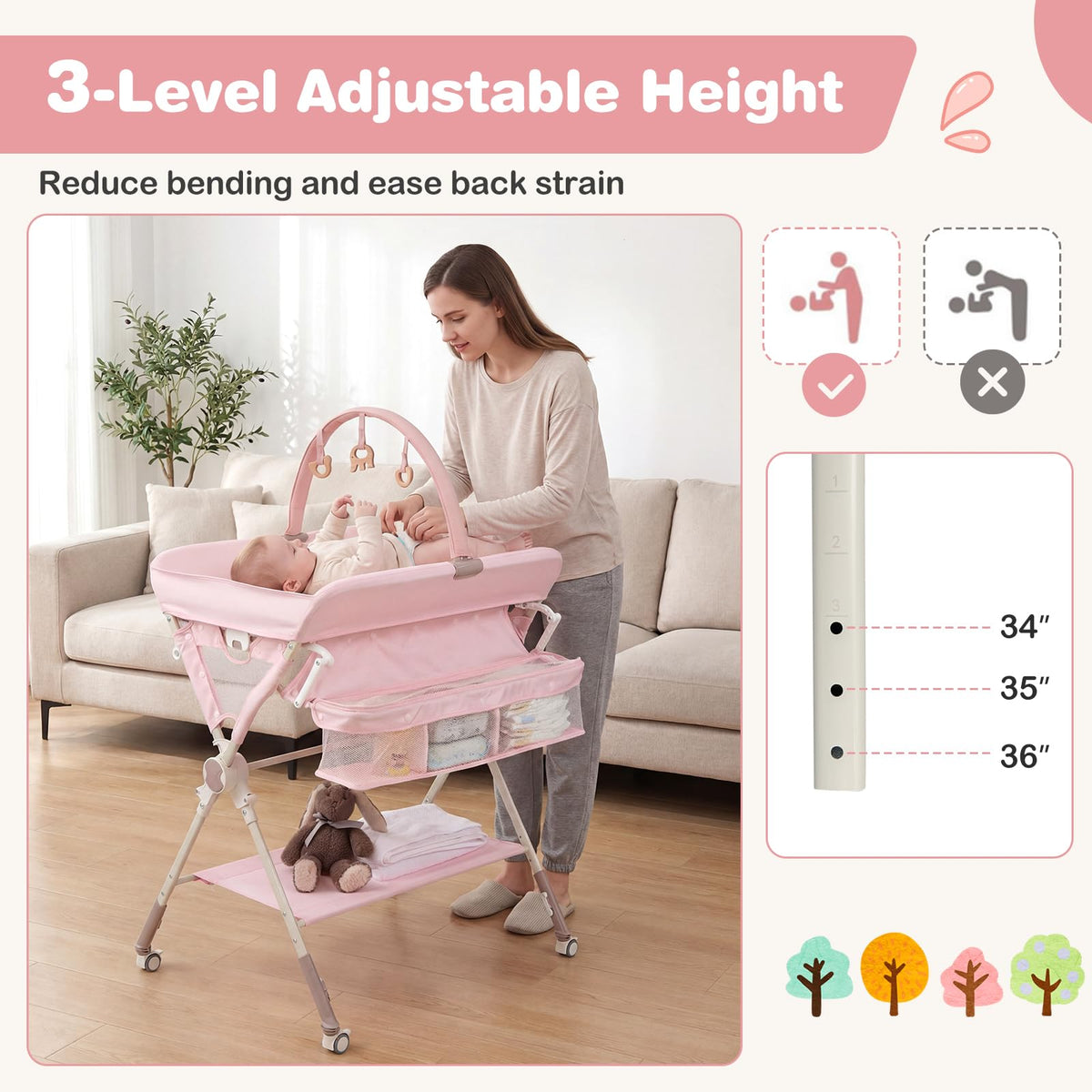 Portable Foldable Baby Changing Table with Wheels J483938