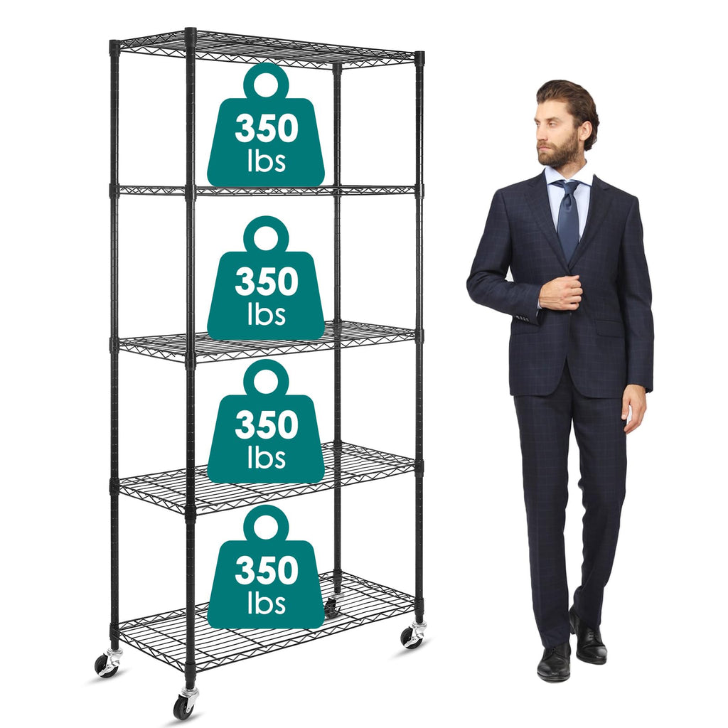 5-Shelf Adjustable Heavy Duty Metal Shelving Unit with Wheels, Black D887