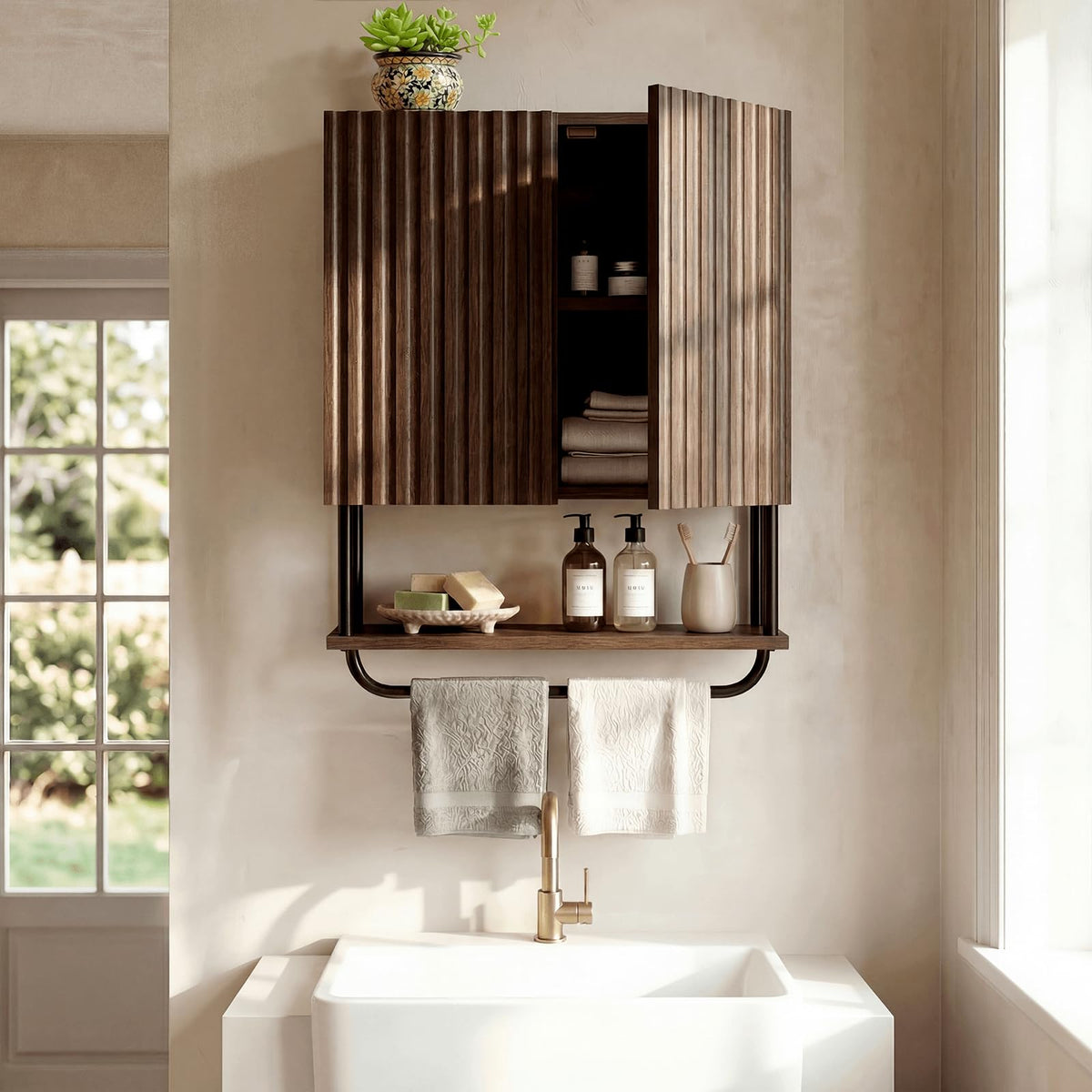 Farmhouse Fluted Wood Wall Mounted Bathroom Cabinet with Adjustable Shelf I174