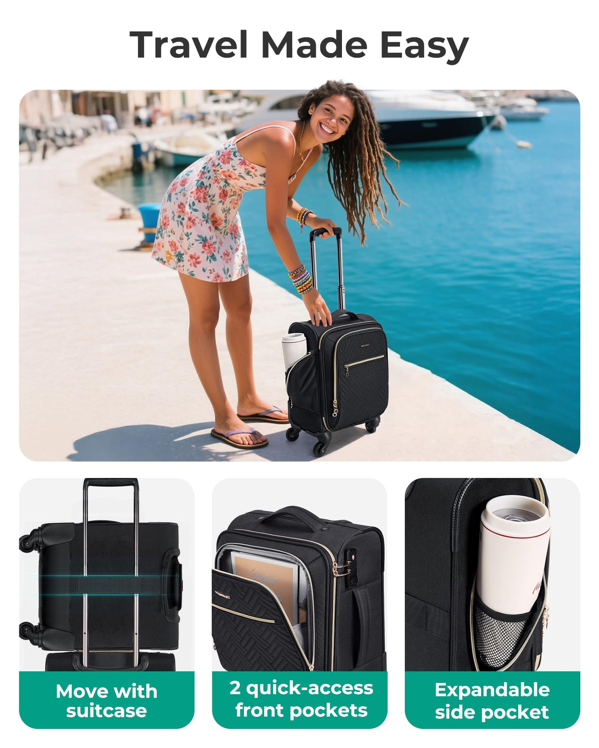 16-inch Softside Underseater Carry On Luggage with Spinner Wheels Black D6052