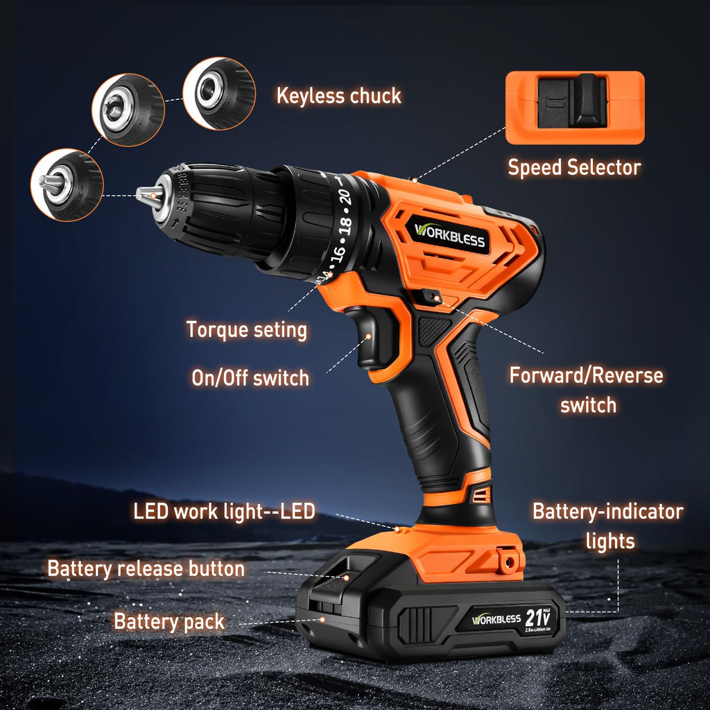Cordless Drill, 20+1 Torque, 2 Speed, 3/8" Electric Screwdriver with 28pcs Drill Bits Set V572779