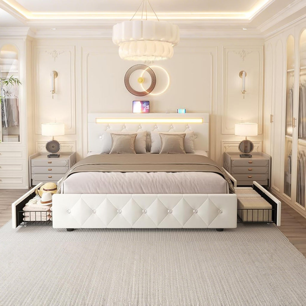 Full Size Bed Frame with LED Light and Storage Drawers Y473