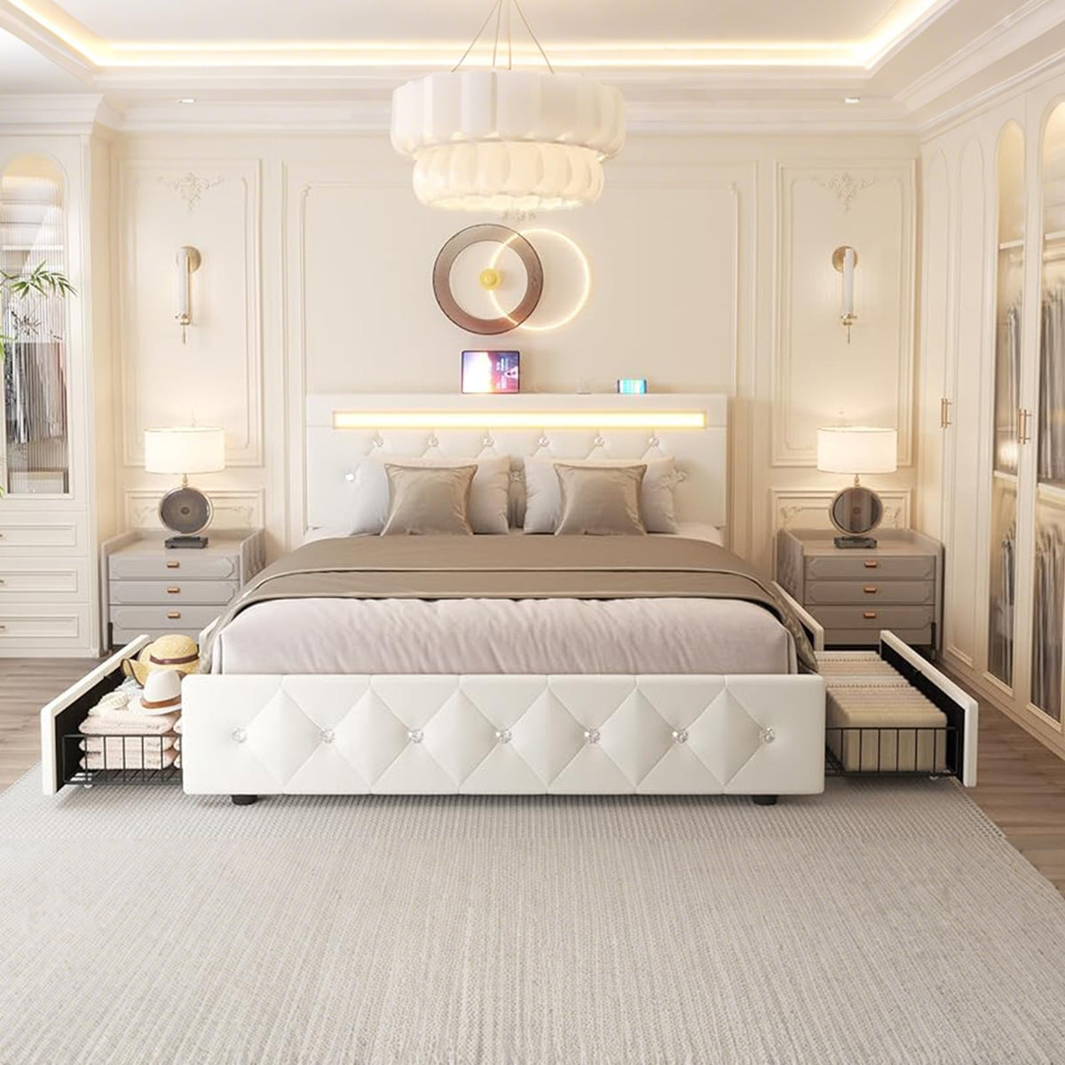 Full Size Bed Frame with LED Light and Storage Drawers Y473