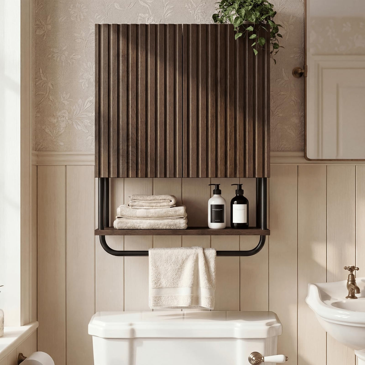 Farmhouse Fluted Wood Wall Mounted Bathroom Cabinet with Adjustable Shelf I174