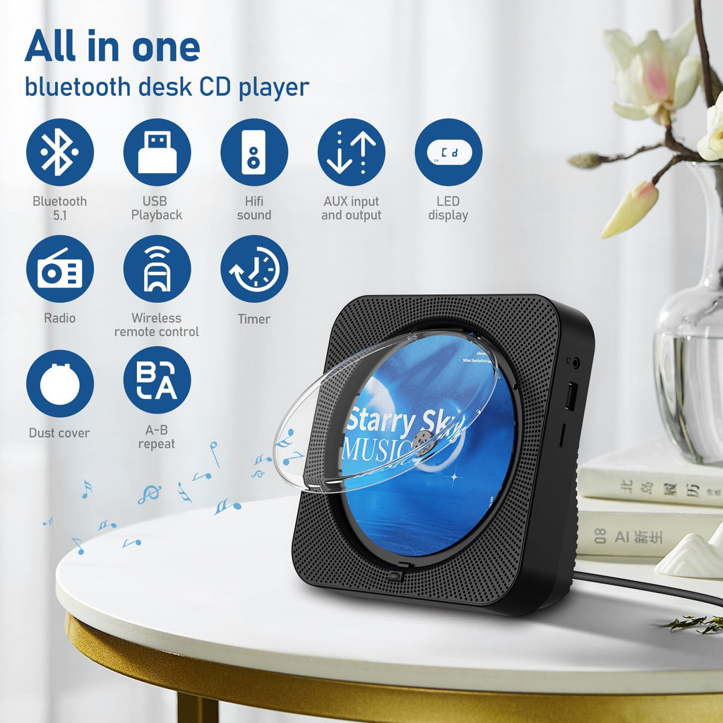 Portable Bluetooth CD Player with Speakers, Remote Control, LED Display, FM Radio, USB/AUX (Black) L38212