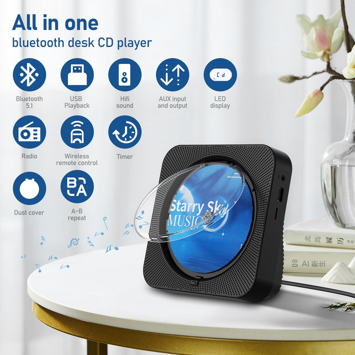 Portable Bluetooth CD Player with Speakers, Remote Control, LED Display, FM Radio, USB/AUX (Black) L38212