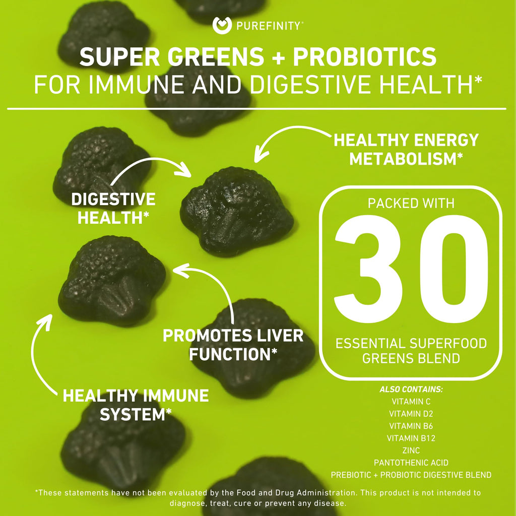 Super Greens Gummies with Spirulina, Spinach, Broccoli, Beet Root, Acai, Vegan, 60 Count J832