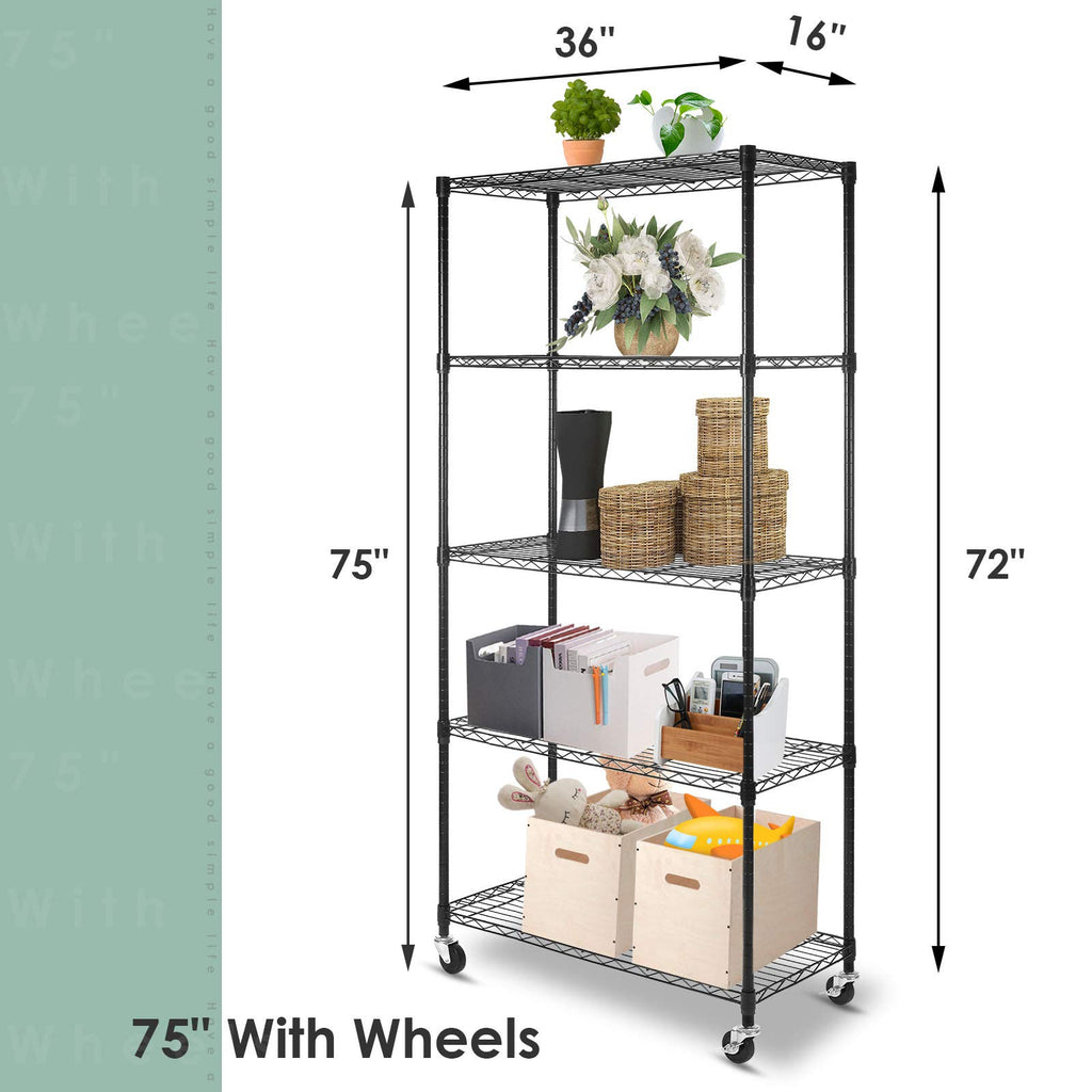 5-Shelf Adjustable Heavy Duty Metal Shelving Unit with Wheels, Black D887