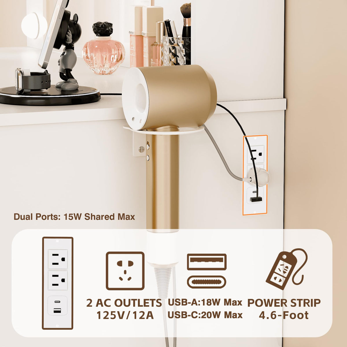 White Vanity Desk with Mirror & Charging Station B7866