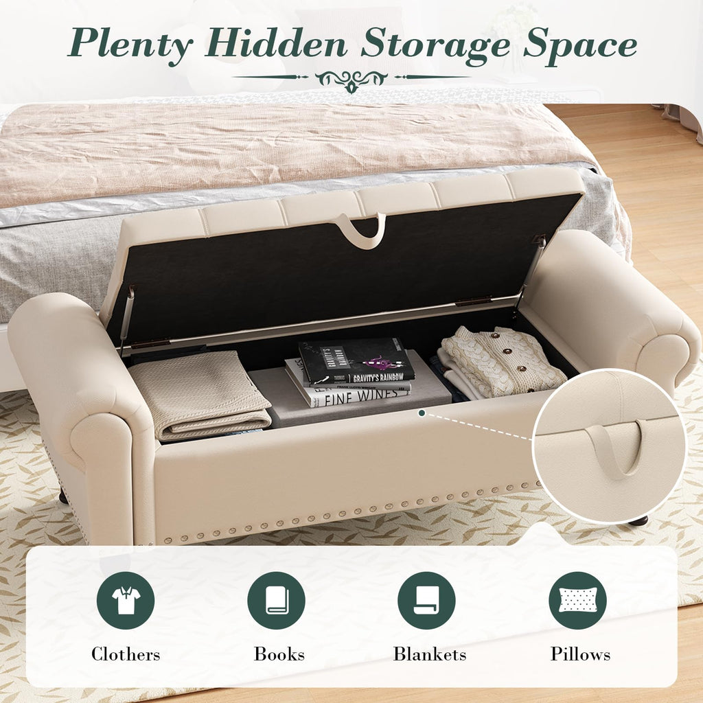 Beige Faux Leather Storage Bench with Rolled Arm X496