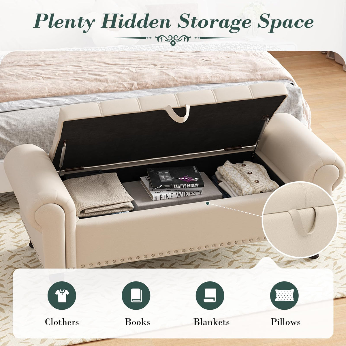 Beige Faux Leather Storage Bench with Rolled Arm X496