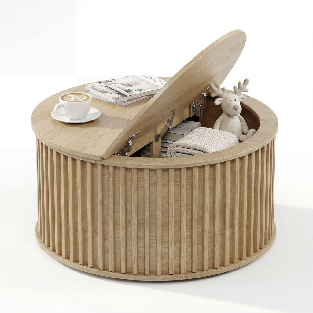 Round Coffee Table with Storage, 35.43" Fluted Center Table T436
