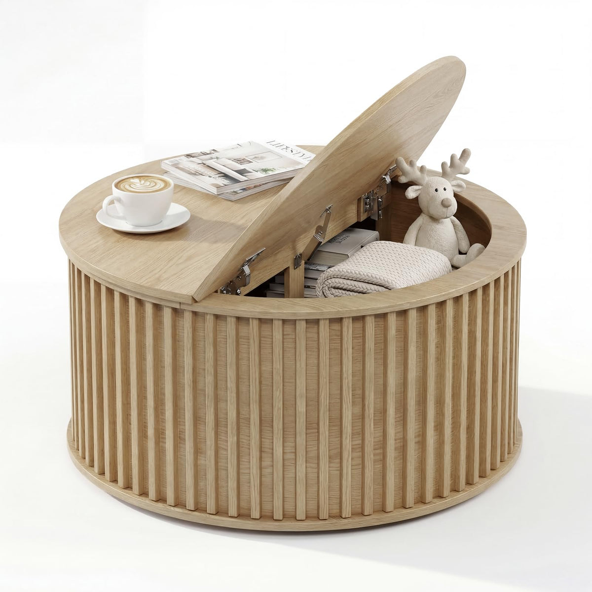 Round Coffee Table with Storage, 35.43" Fluted Center Table T436
