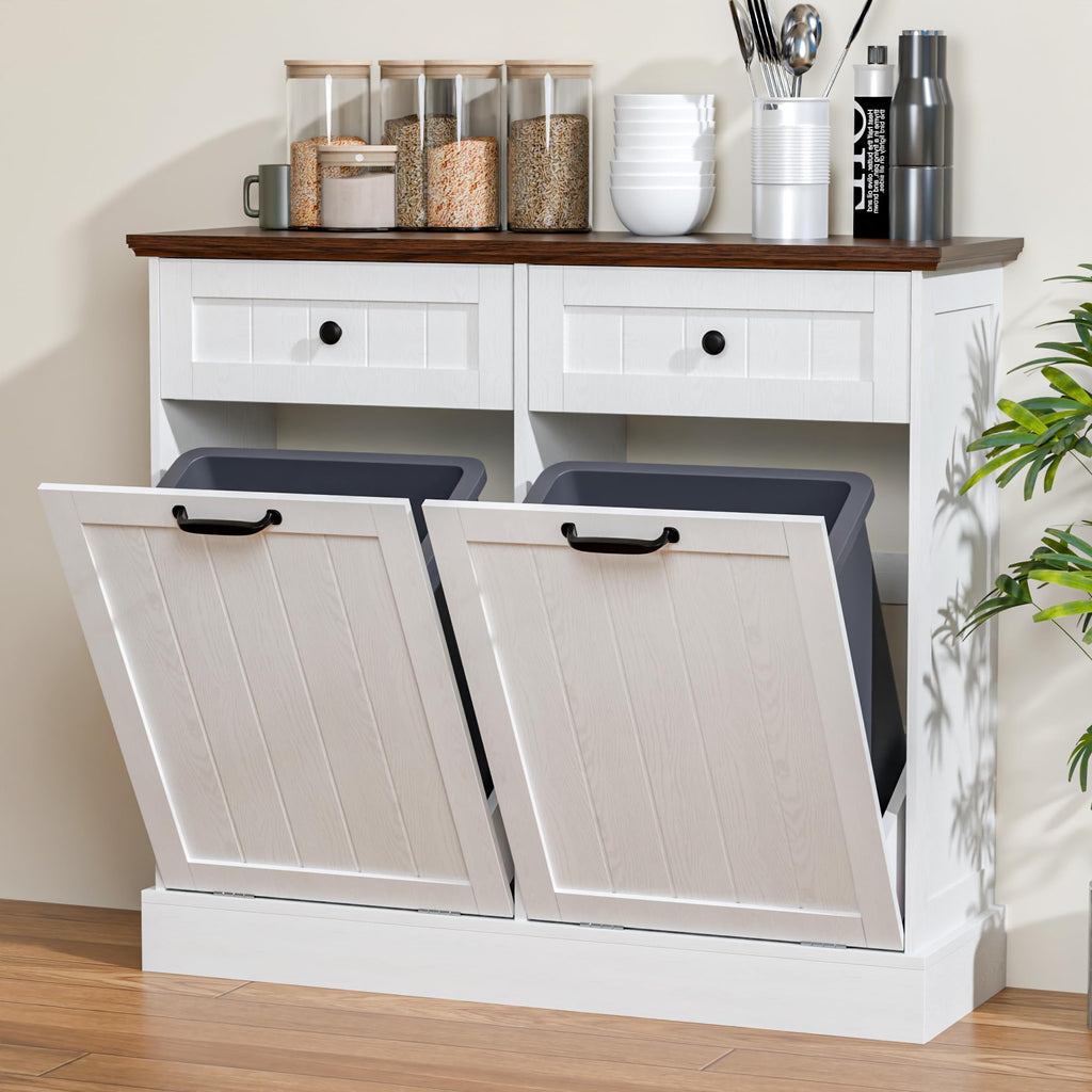 20 Gallons Tilt Out Trash Cabinet with Drawer, White G617947
