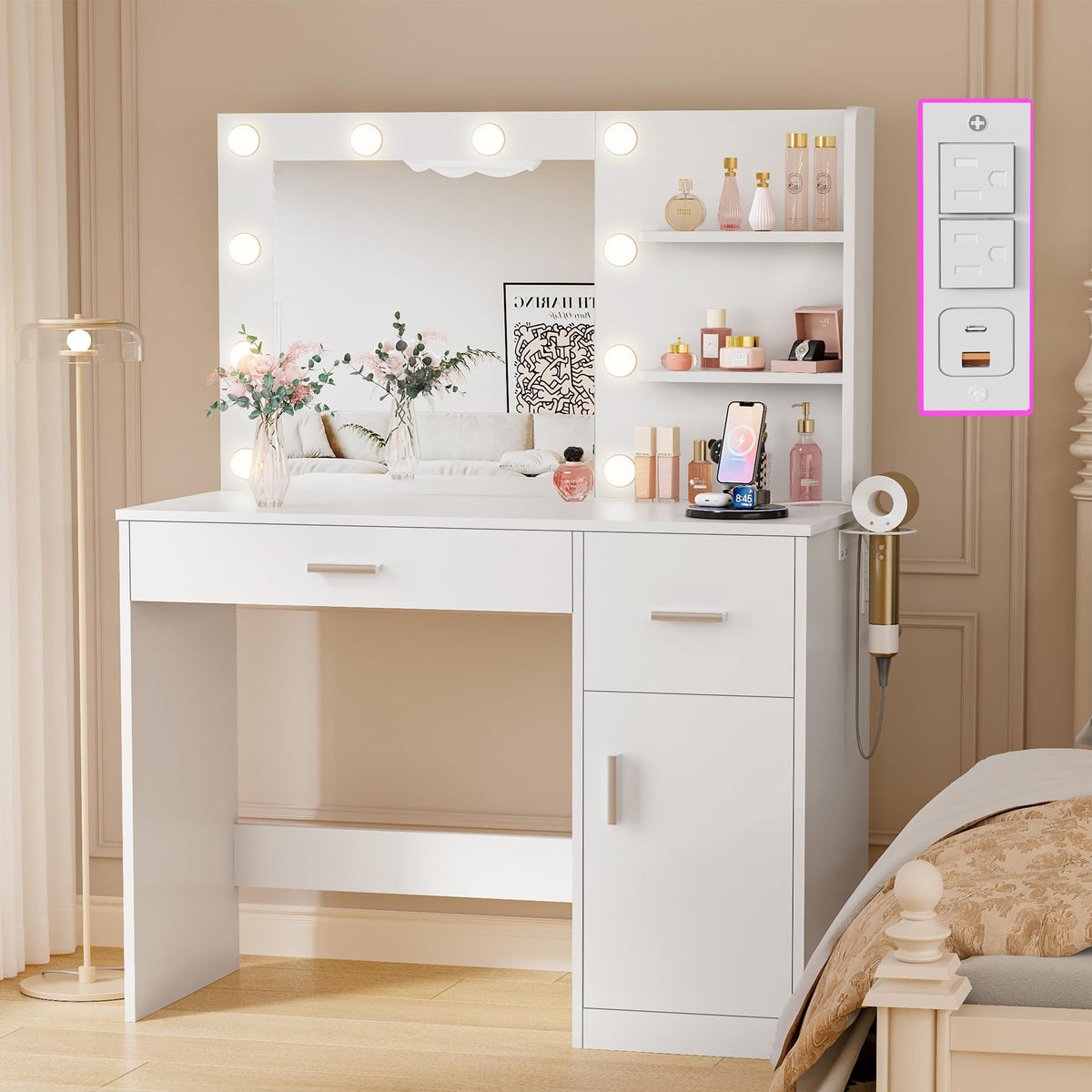 White Vanity Desk with Mirror & Charging Station B7866