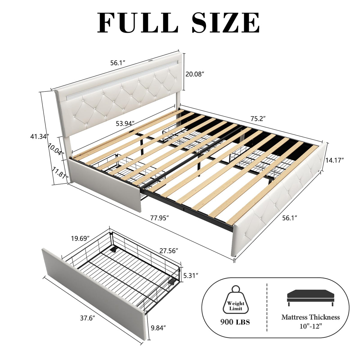 Full Size Bed Frame with LED Light and Storage Drawers Y473