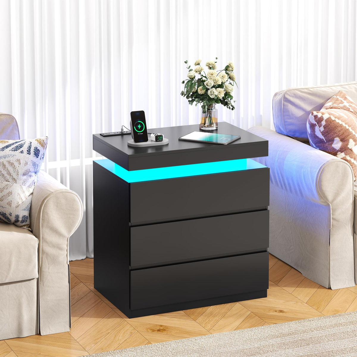 Nightstand with Charging Station, LED Lights, 3 Storage Drawers E413446