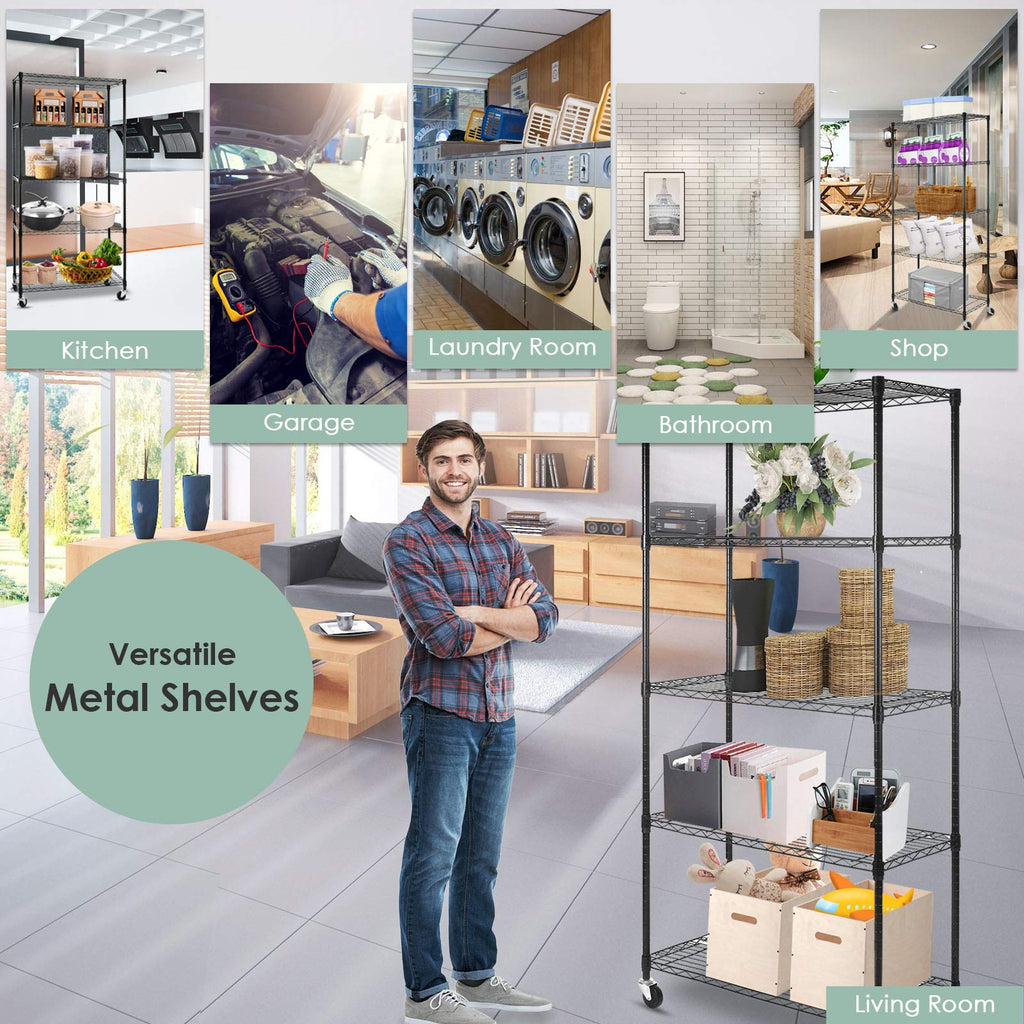 5-Shelf Adjustable Heavy Duty Metal Shelving Unit with Wheels, Black D887