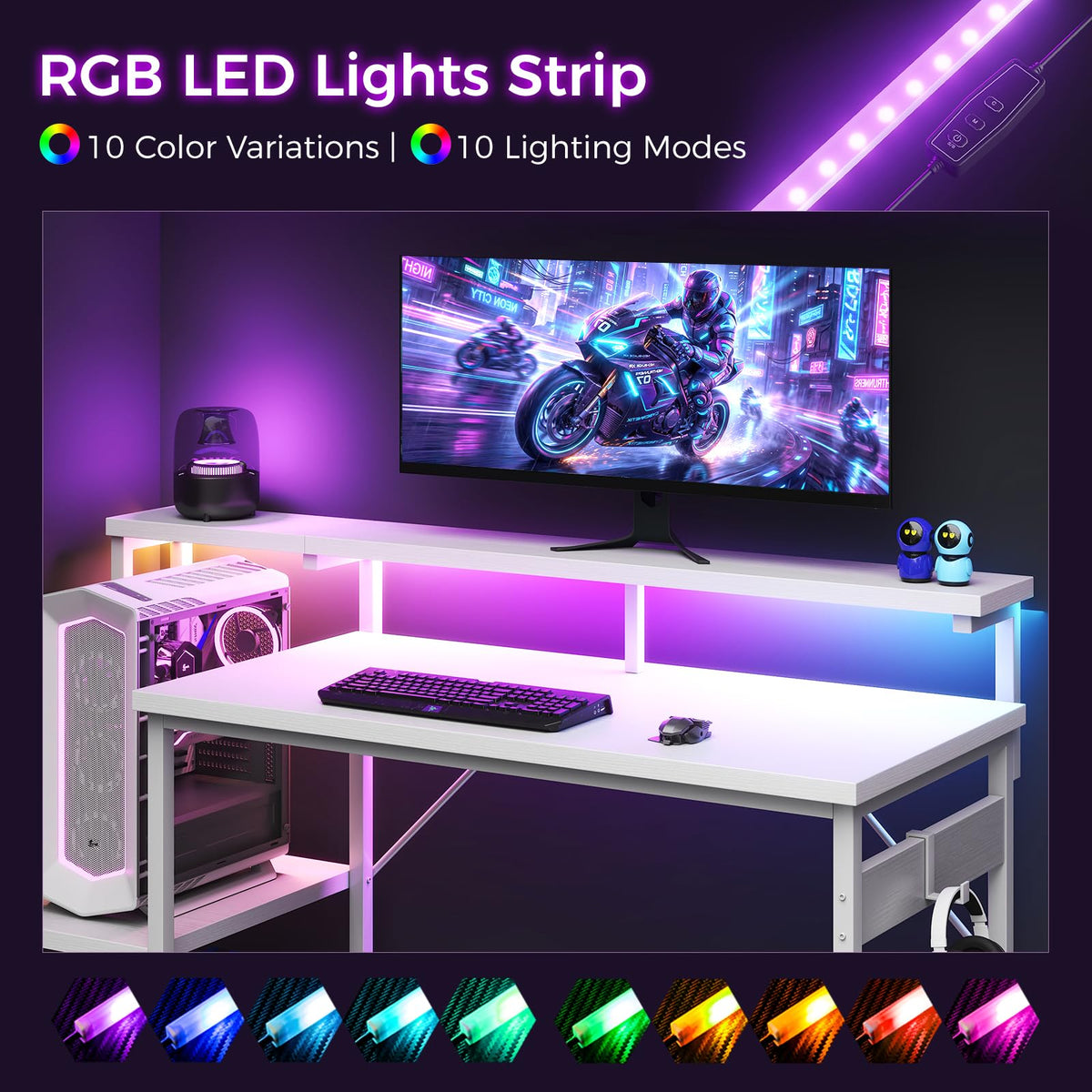 48 Inch White Gaming Desk with LED Lights A5701