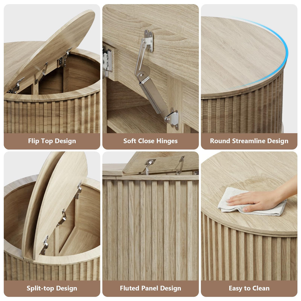 Round Coffee Table with Storage, 35.43" Fluted Center Table T436