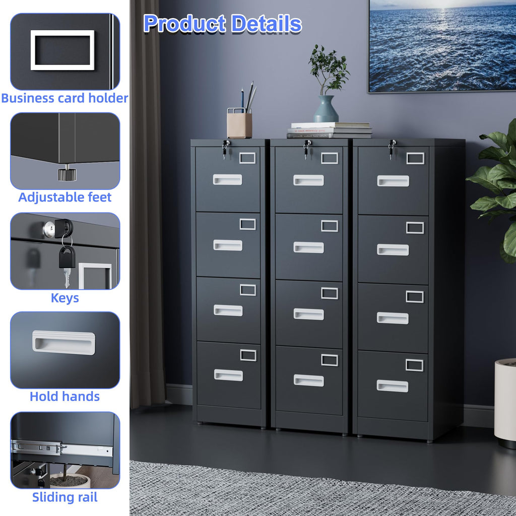 Black 4-Drawer Metal File Cabinet with Lock G116