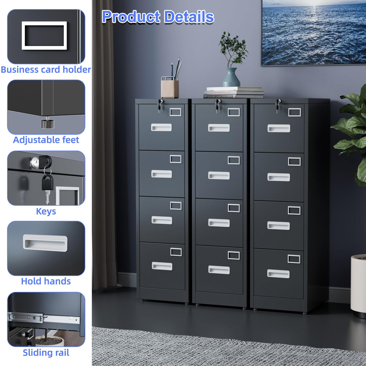 Black 4-Drawer Metal File Cabinet with Lock G116