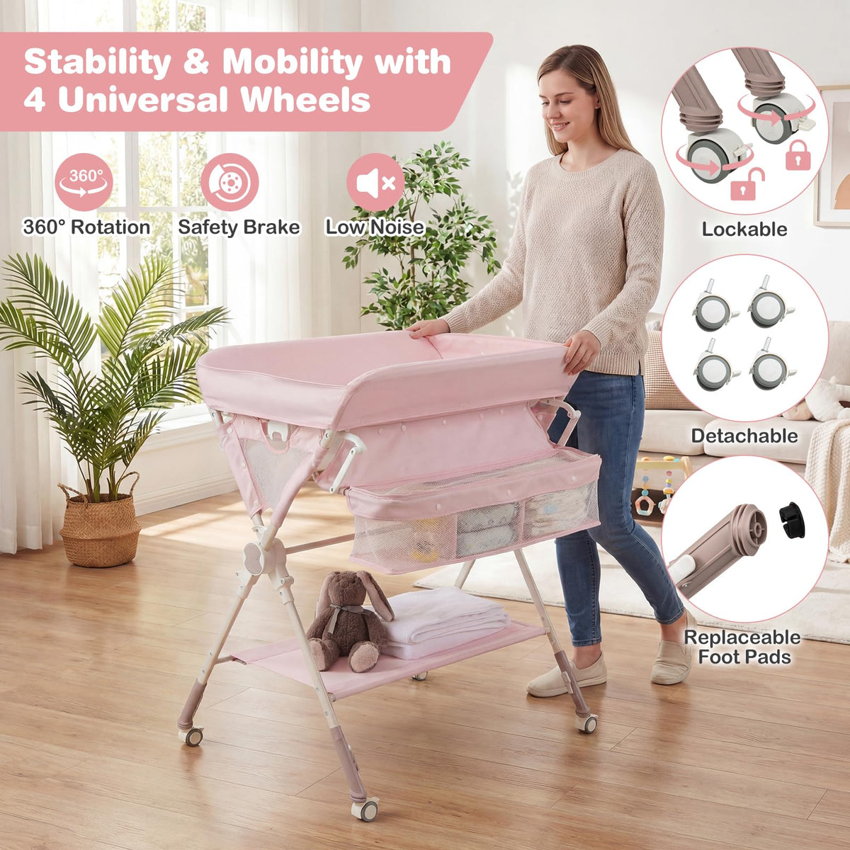 Portable Foldable Baby Changing Table with Wheels J483938
