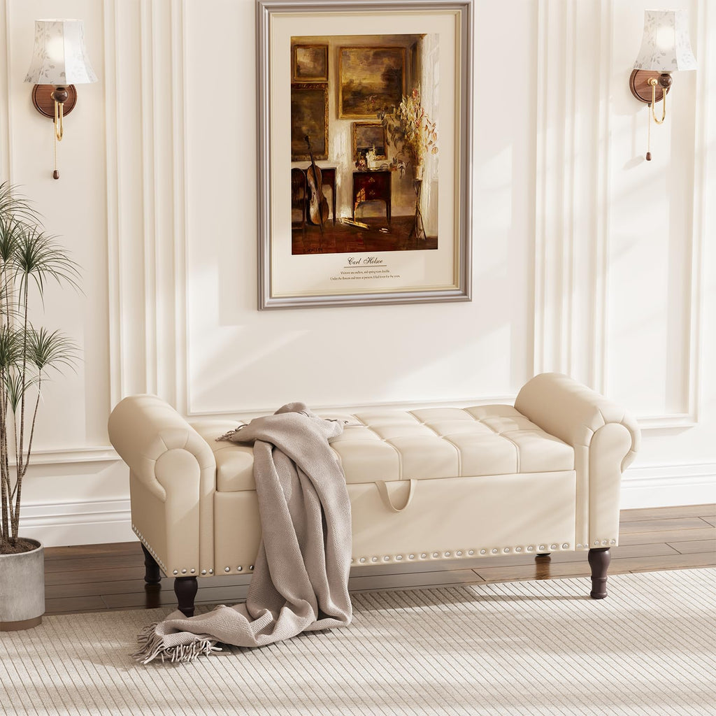 Beige Faux Leather Storage Bench with Rolled Arm X496