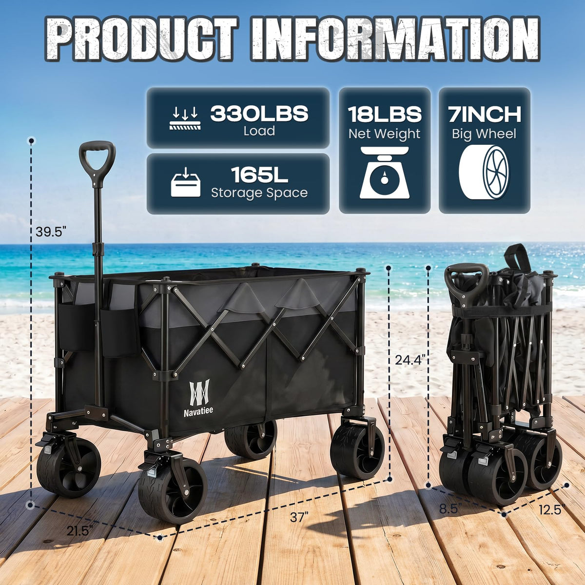 Collapsible Folding Wagon Cart with Big Wheels, Black V163767