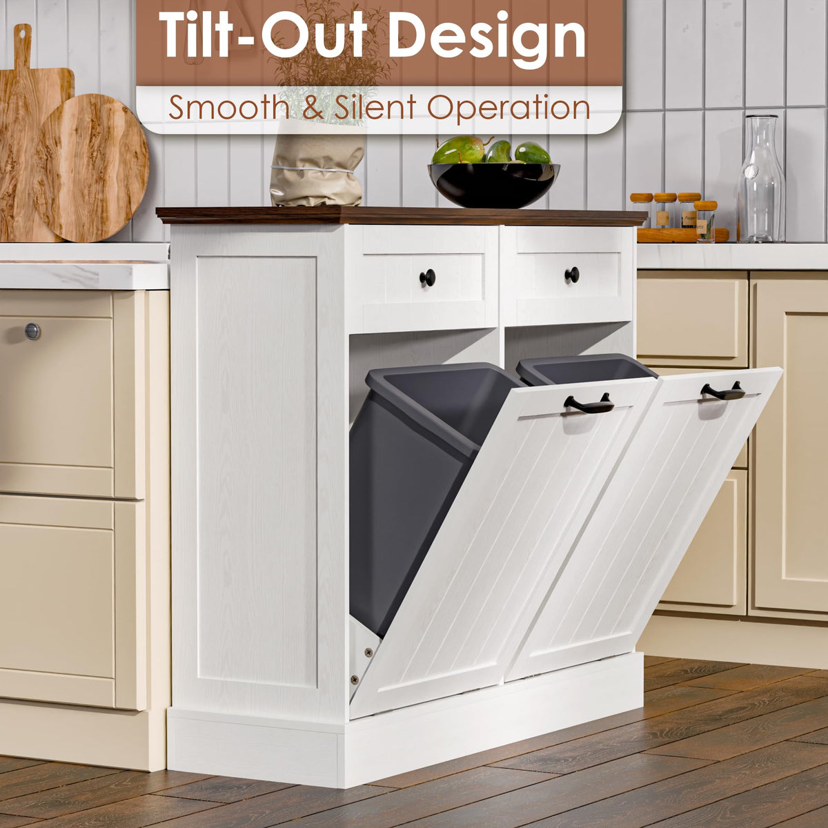 20 Gallons Tilt Out Trash Cabinet with Drawer, White G617947