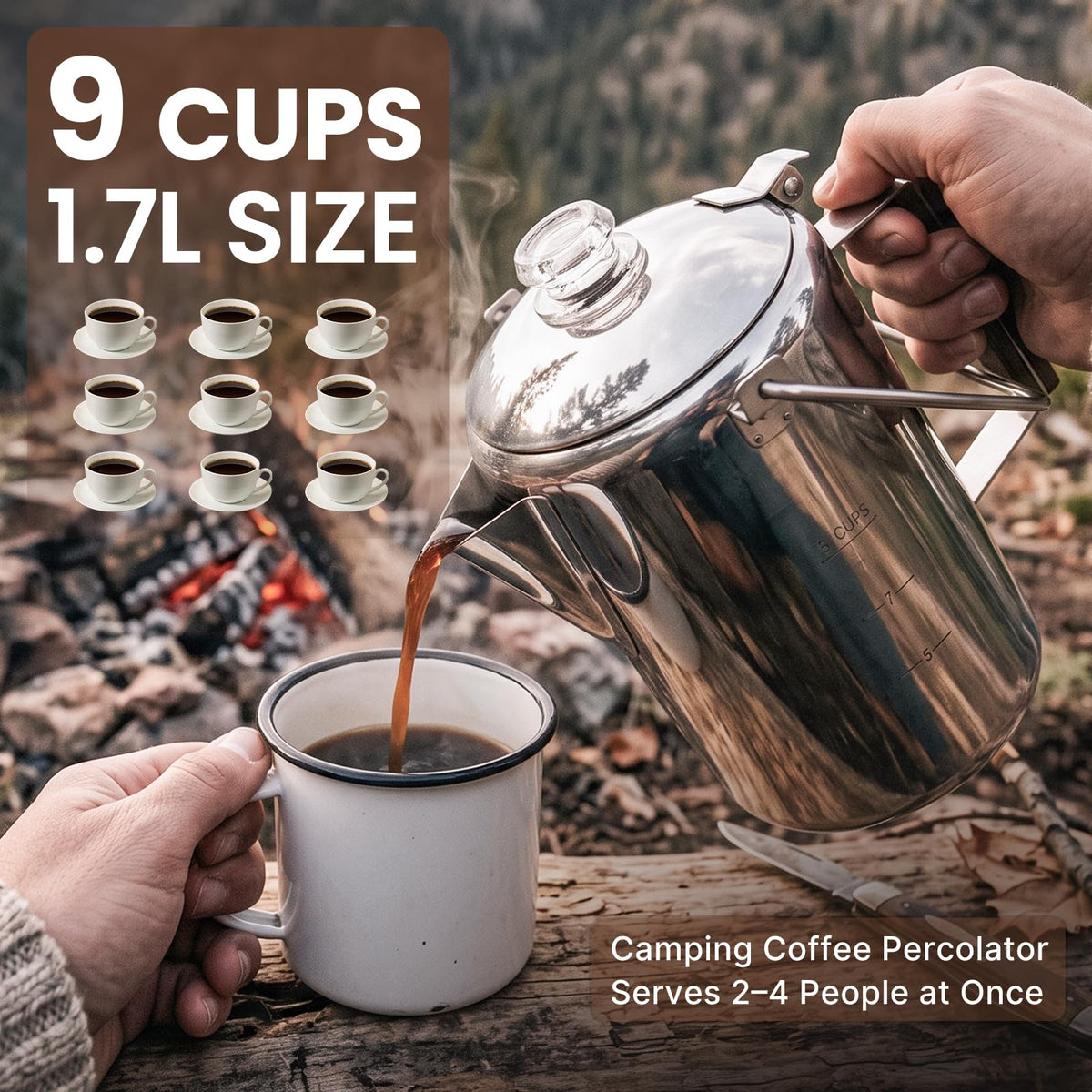 9 Cup Stainless Steel Coffee Pot with Wood Handle V226985