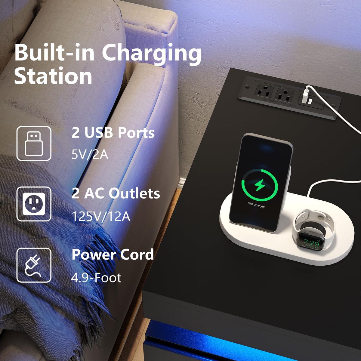 Nightstand with Charging Station, LED Lights, 3 Storage Drawers E413446