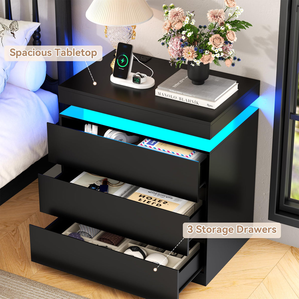 Nightstand with Charging Station, LED Lights, 3 Storage Drawers E413446