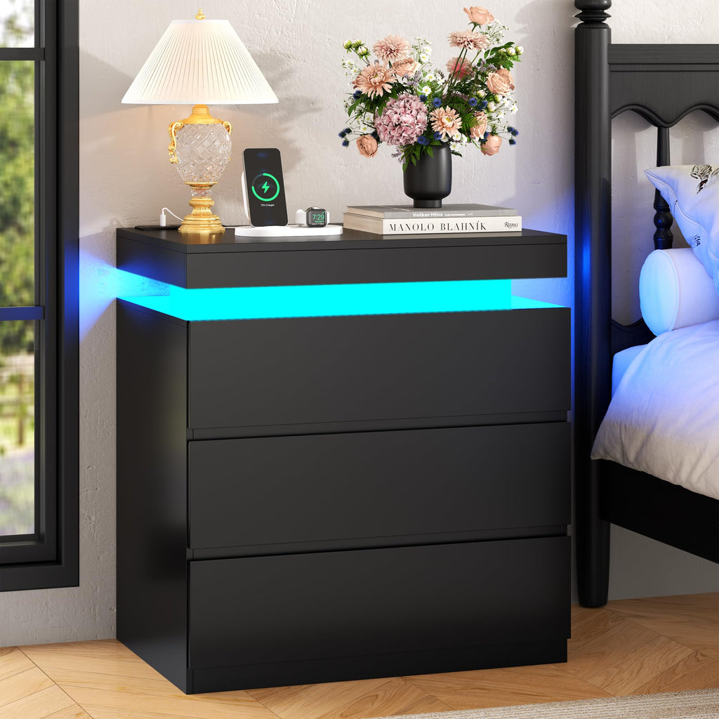 Nightstand with Charging Station, LED Lights, 3 Storage Drawers E413446