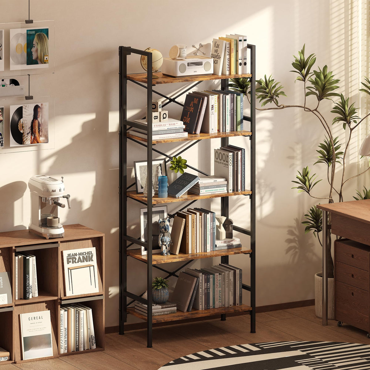 Folding 5 Tier Bookcase with X-Bracket Design M219