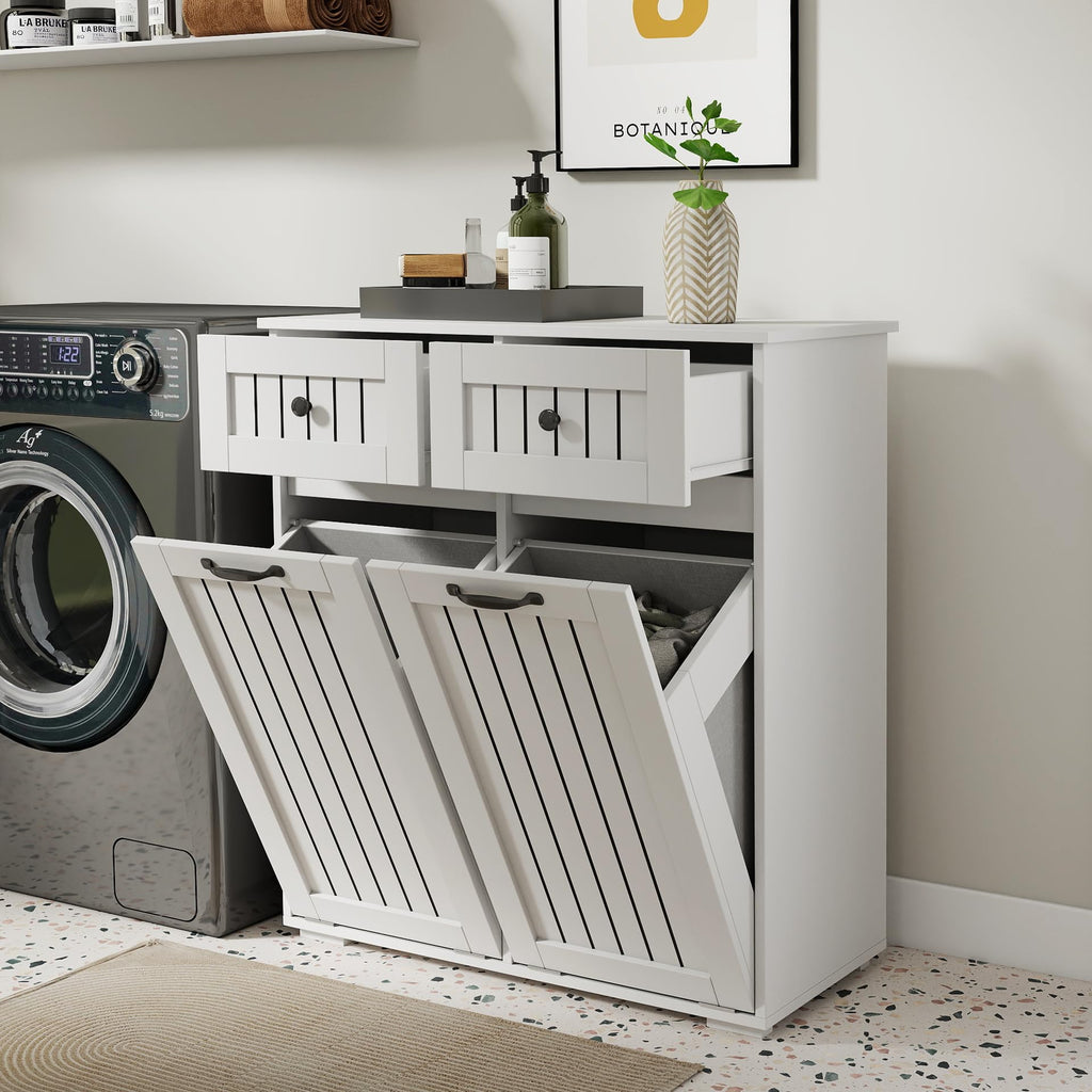 White Tilt Out Trash Cabinet with 2 Drawers H498