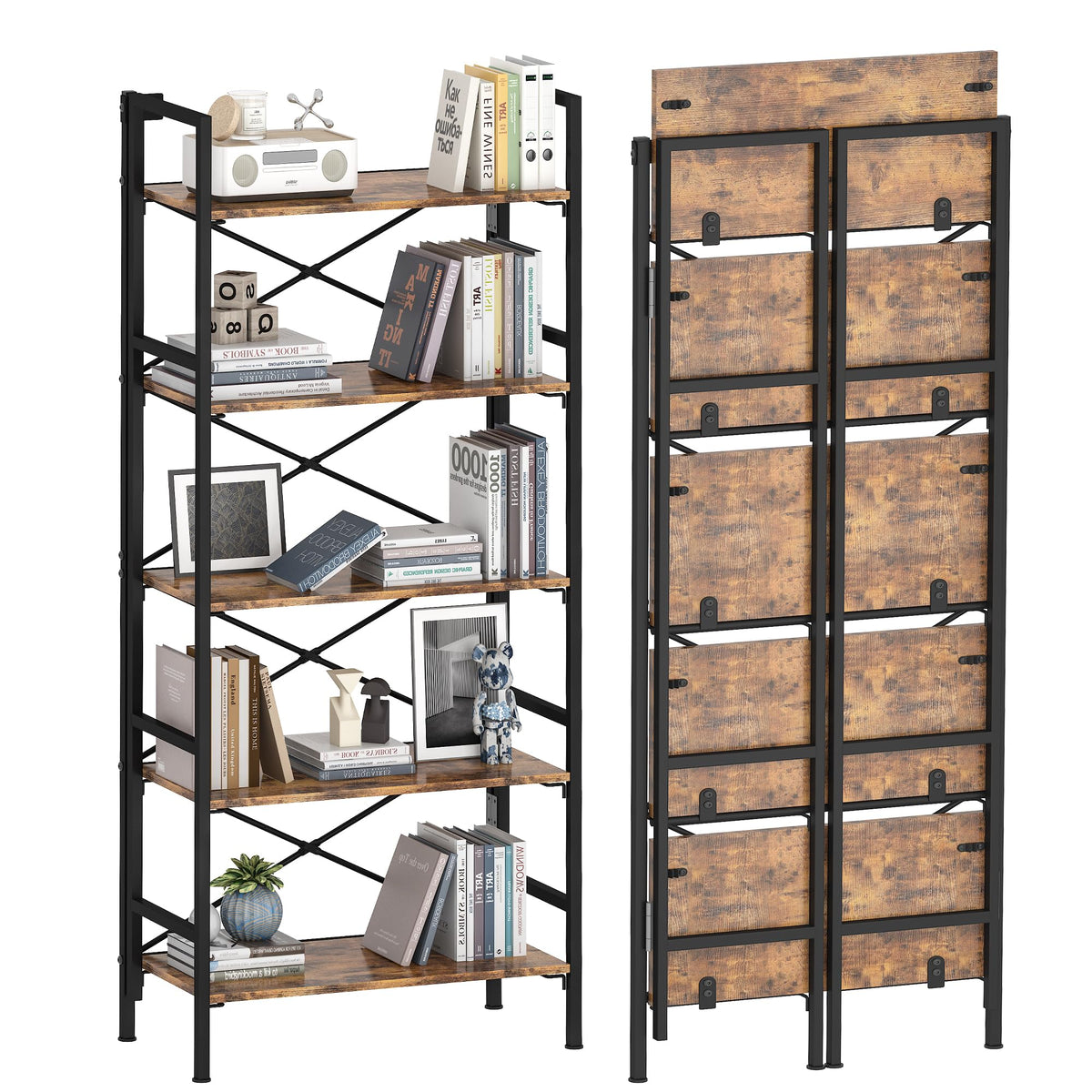 Folding 5 Tier Bookcase with X-Bracket Design M219