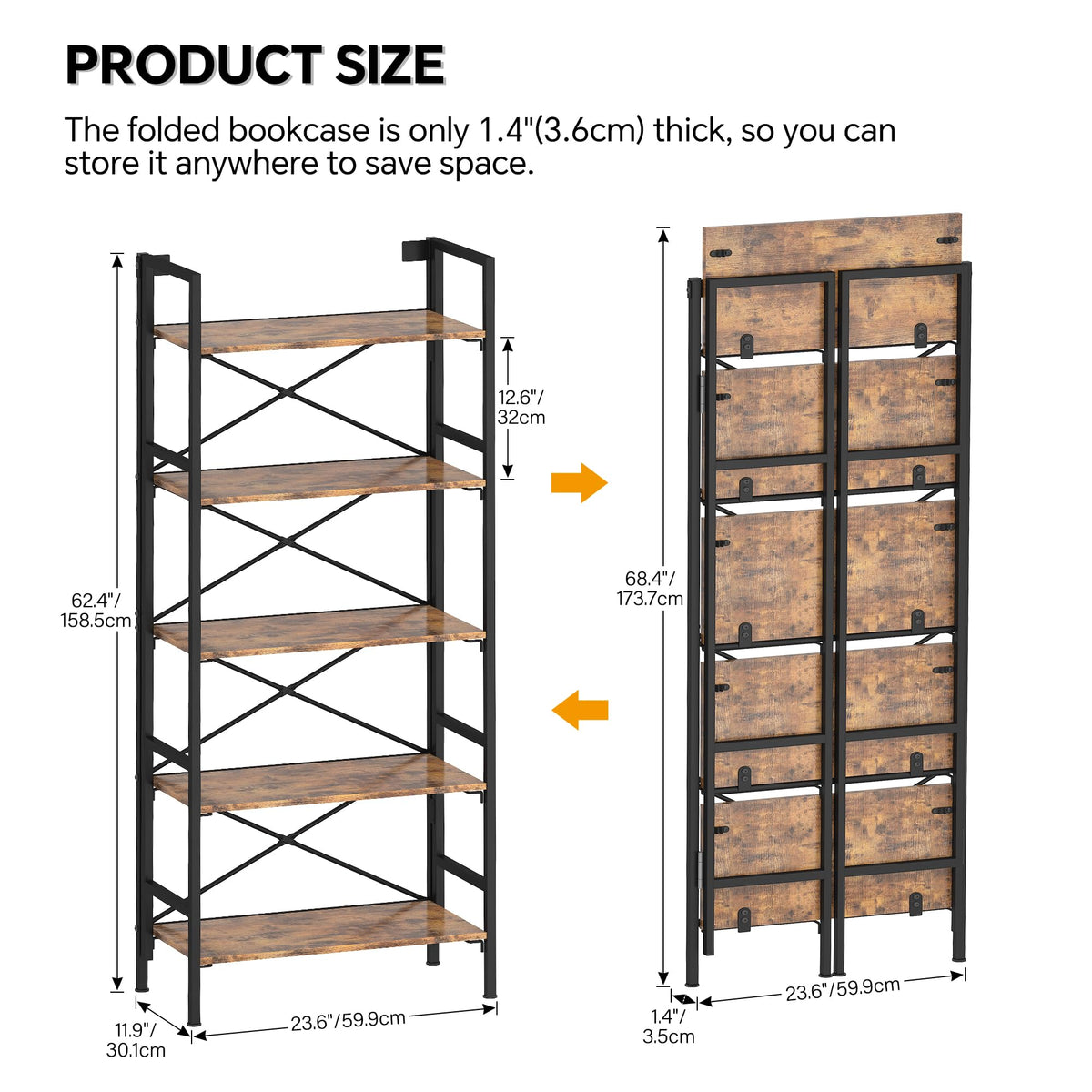 Folding 5 Tier Bookcase with X-Bracket Design M219