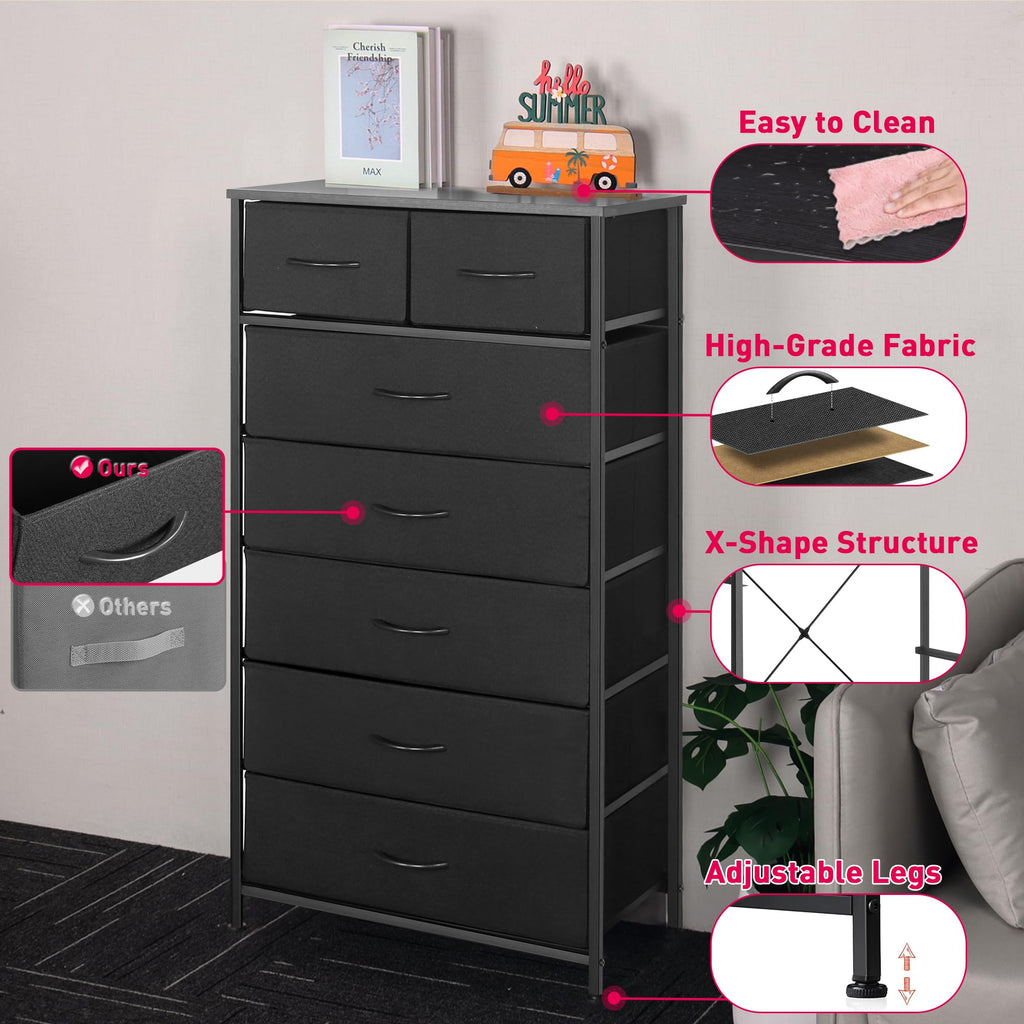 Black 7 Drawer Tall Dresser with Fabric Bins A55757
