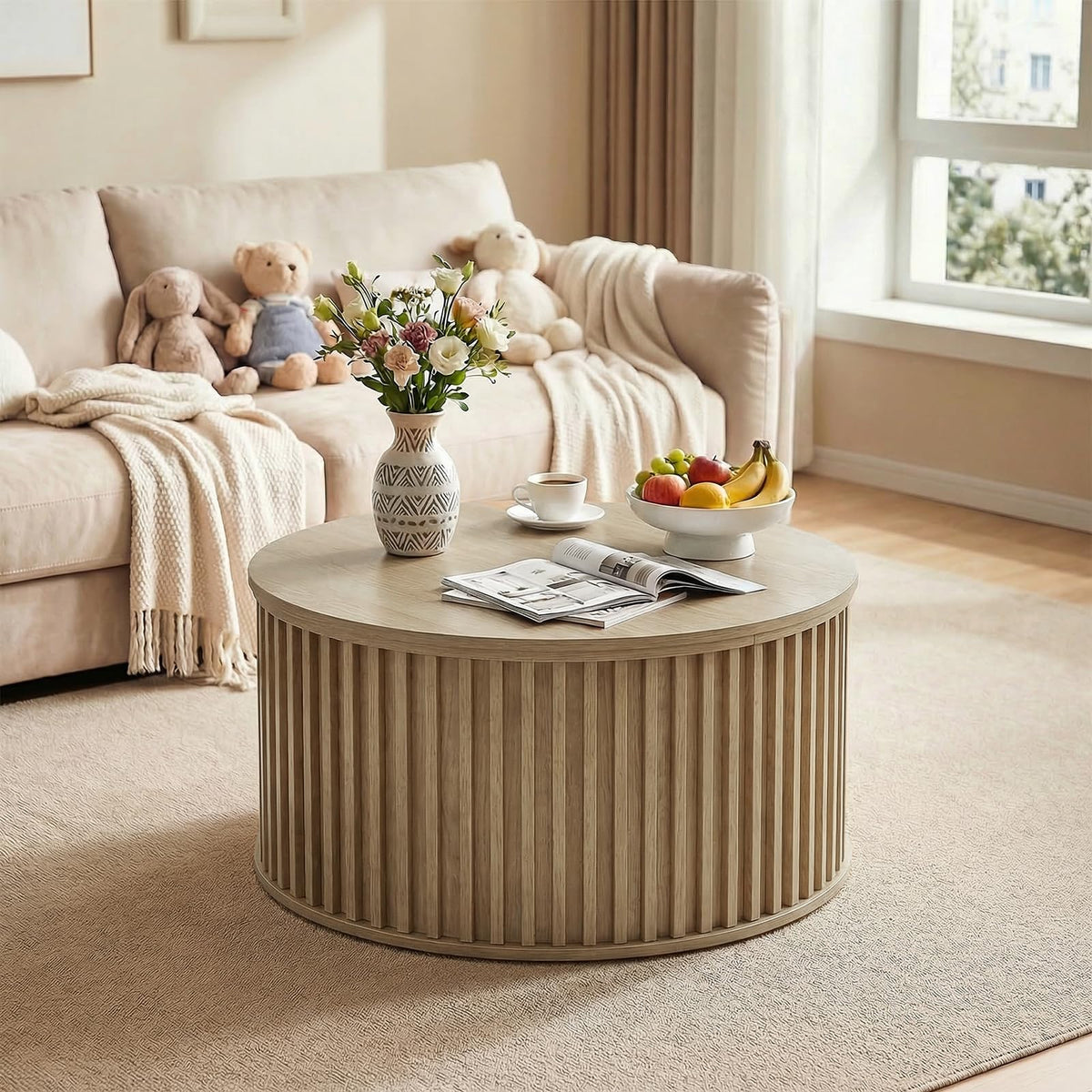 Round Coffee Table with Storage, 35.43" Fluted Center Table T436