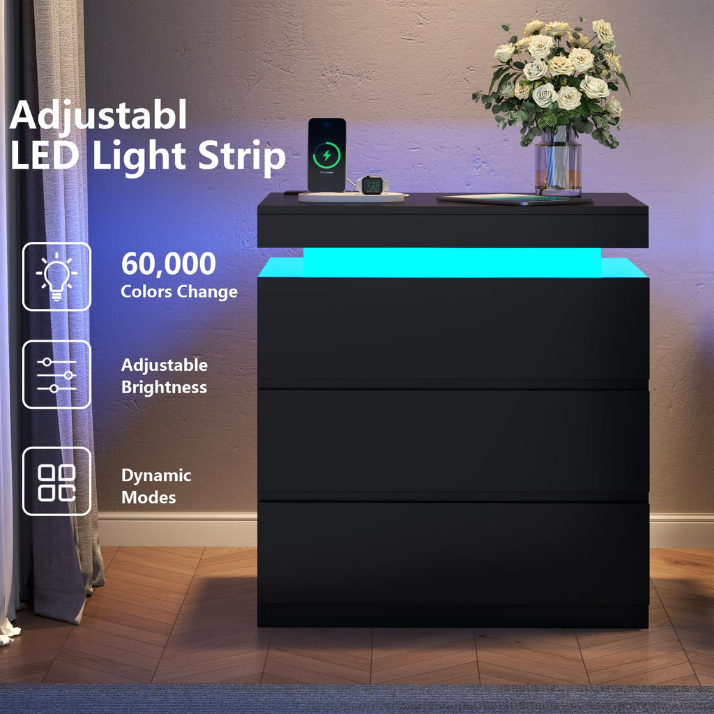 Nightstand with Charging Station, LED Lights, 3 Storage Drawers E413446