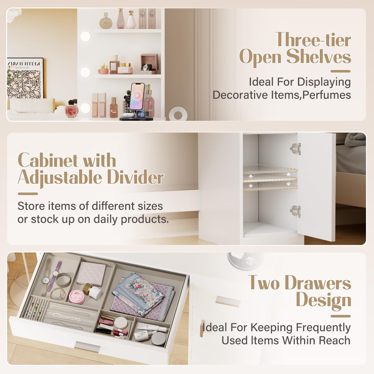 White Vanity Desk with Mirror & Charging Station B7866